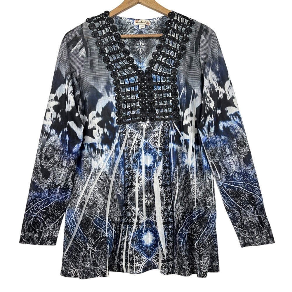 World Unity Tunic Womens L Blue Black Paisley Crochet Embellished Long Sleeve